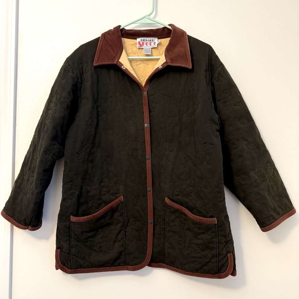 Richard Sport L Cardigan Snap Sweatshirt Jacket Embroidered Leaves Green Brown